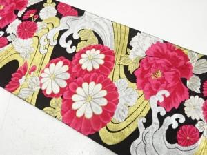 アンティーク　荒波に牡丹・菊模様織り出し袋帯（着用可）